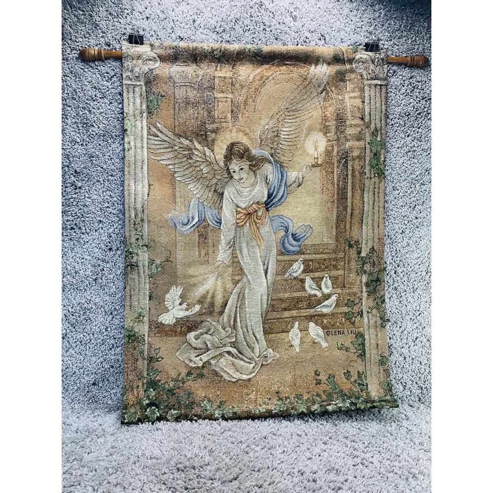 VTG Lena Liu Angel of Light Religious Wall Art Hanging Tapestry Wooden Rod Decor